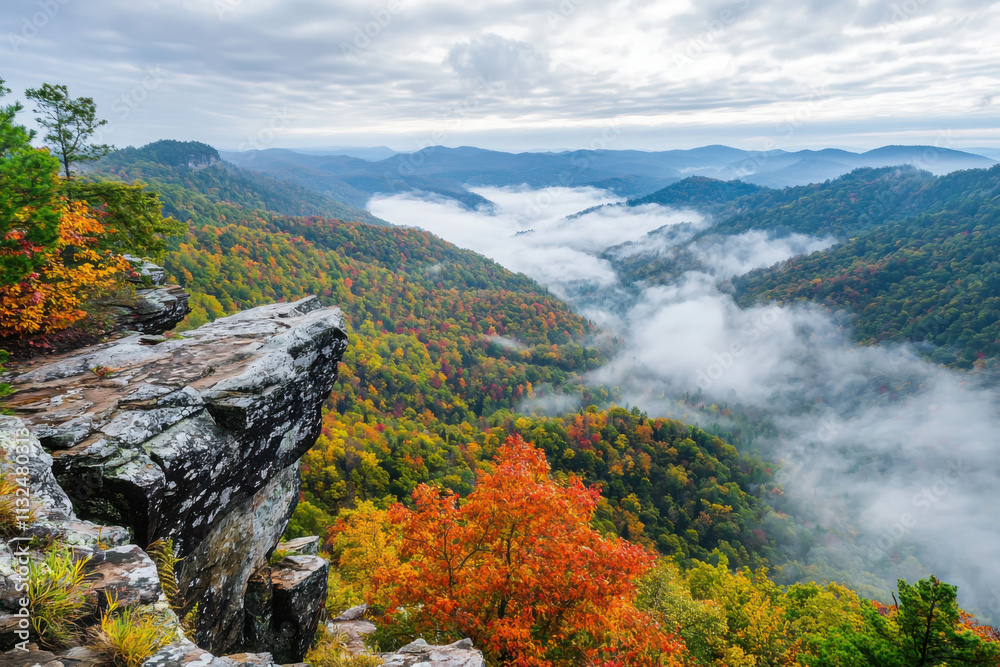Fog rolling through autumn-filled valleys ethereal landscape in mountains nature photography misty environment aerial view capturing serenity Fog rolling through autumn-filled valleys ethereal landscape in mountains nature photography misty environment aerial view capturing serenity