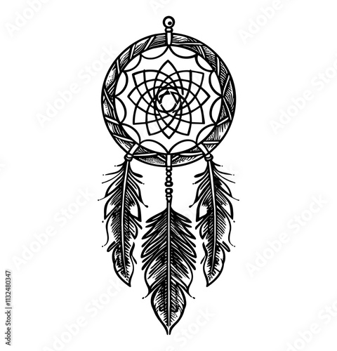 dream catcher engraving black and white outline