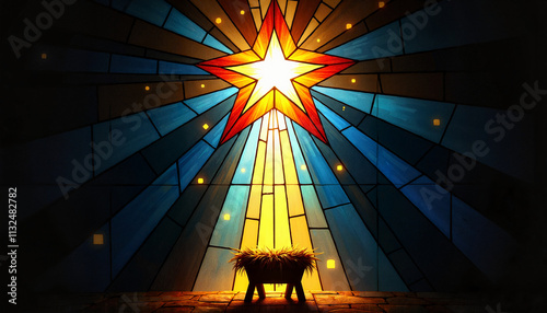 Stained glass image of a bright star with rays of light descending on a manger