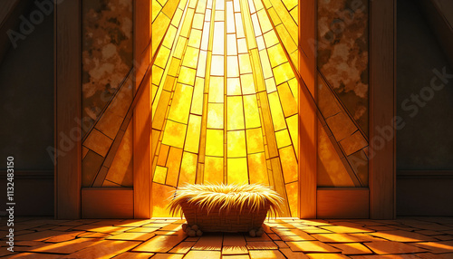  Stained-glass with simple golden rays reaching upward symbolizing divine light illuminating a small manger