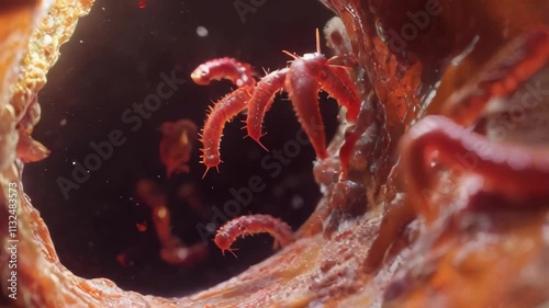 Microscopic organisms navigate a vein-like environment. Ideal for science, medical, and educational videos.. AI Generation