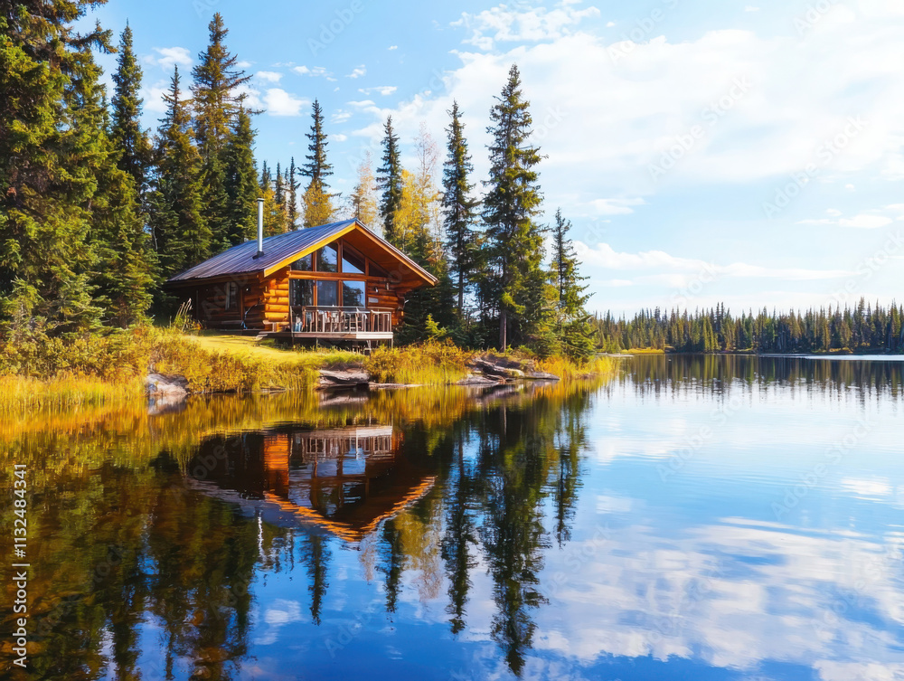 Obraz premium Relaxing retreat charming lakeside cabin nature landscape tranquil environment idyllic viewpoint rustic concept