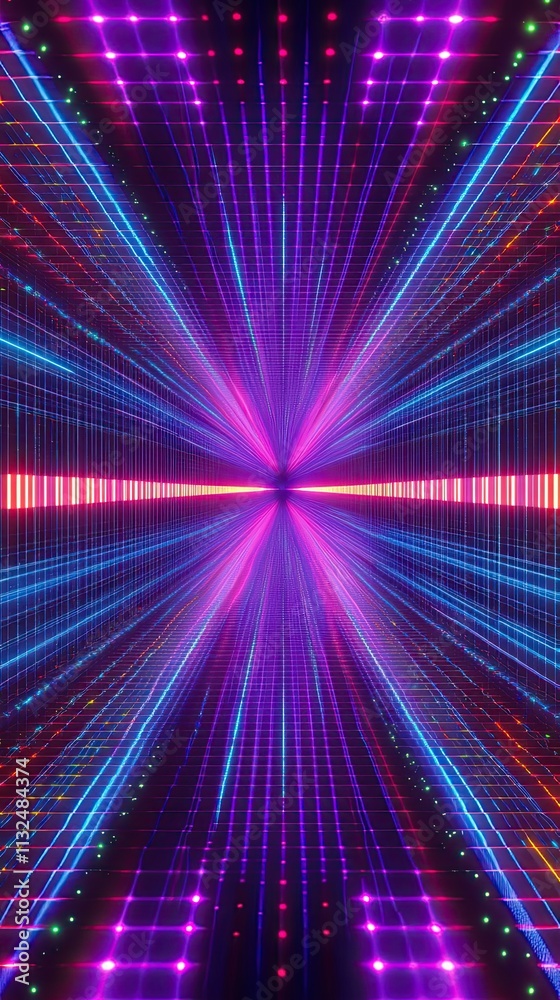 Obraz premium Neon Grid Tunnel Vibrant Light Display Abstract Art