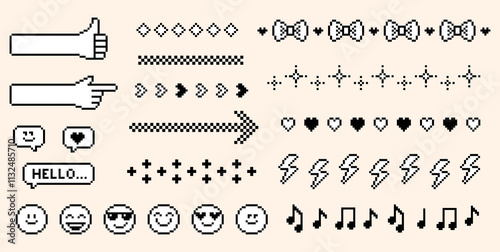 Simple geometric icon set line pattern with hand, bow, star, arrow, smile, music note and heart. Y2k pixel art text dividers. Retro trendy brutal style. Game abstract elements. Editable vector design