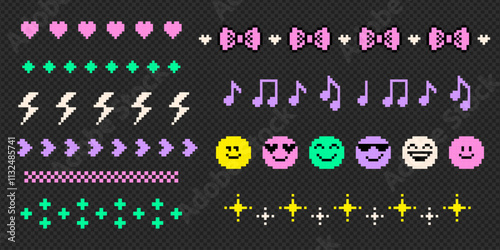 Y2k colorful text dividers. Pixel art. Simple geometric icon set line pattern with heart, bow, arrow, smile, emoji, music note. Retro trendy style. Video game abstract element. Editable vector design