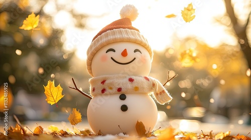 Photo of a happy snowman wearing an orange hat and scarf in a snowy winter landscape at sunset. This concept provides copy space for a Christmas card or New Year's background .Ai photo