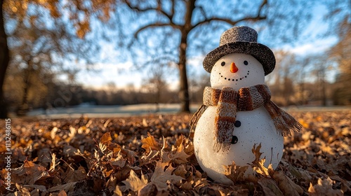 Photo of a happy snowman wearing an orange hat and scarf in a snowy winter landscape at sunset. This concept provides copy space for a Christmas card or New Year's background .Ai photo