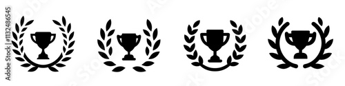 Set of black vector icons representing trophy cups surrounded by laurel wreaths, symbolizing victory, achievement, and success