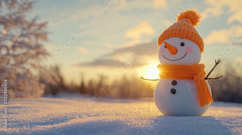 Photo of a happy snowman wearing an orange hat and scarf in a snowy winter landscape at sunset. This concept provides copy space for a Christmas card or New Year's background .Ai photo