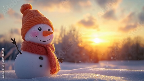 Photo of a happy snowman wearing an orange hat and scarf in a snowy winter landscape at sunset. This concept provides copy space for a Christmas card or New Year's background .Ai photo