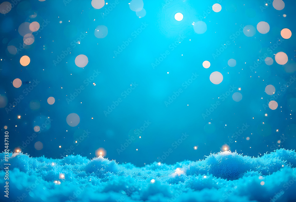 Christmas blue background golden bokeh and snow copy space