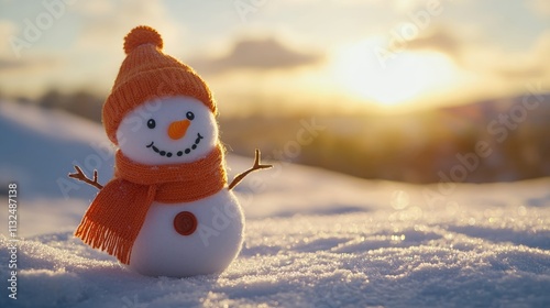 Photo of a happy snowman wearing an orange hat and scarf in a snowy winter landscape at sunset. This concept provides copy space for a Christmas card or New Year's background .Ai photo