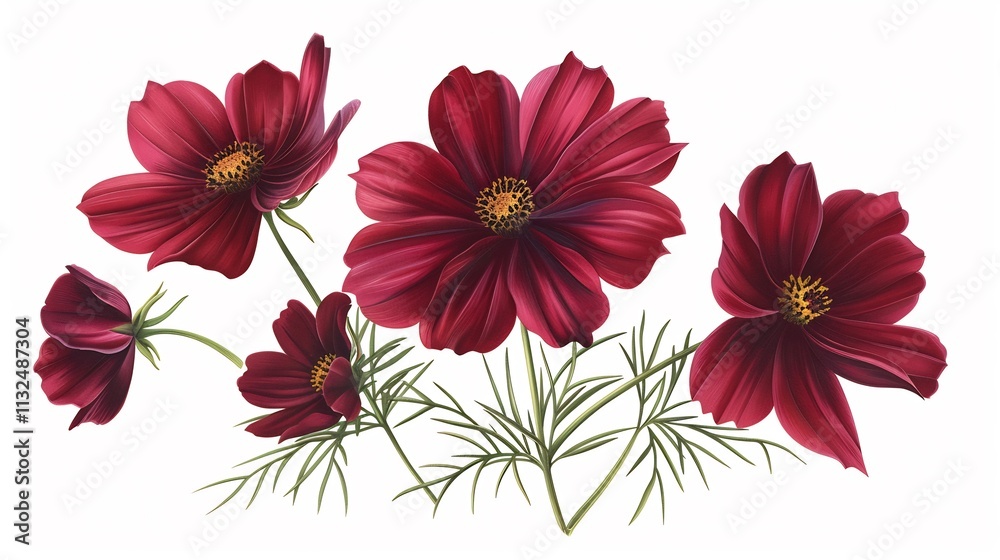 Obraz premium Elegant Maroon Cosmos Flowers: A Botanical Illustration
