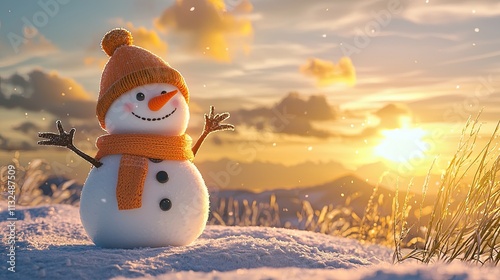 Photo of a happy snowman wearing an orange hat and scarf in a snowy winter landscape at sunset. This concept provides copy space for a Christmas card or New Year's background .Ai photo