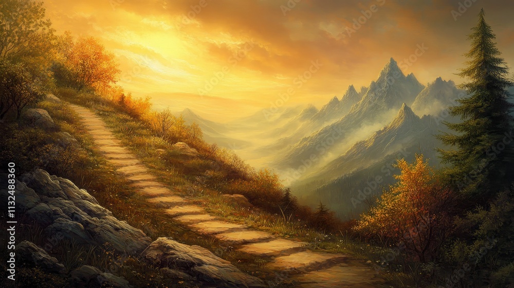 Stone path ascends, autumnal foliage, majestic sunset mountains.