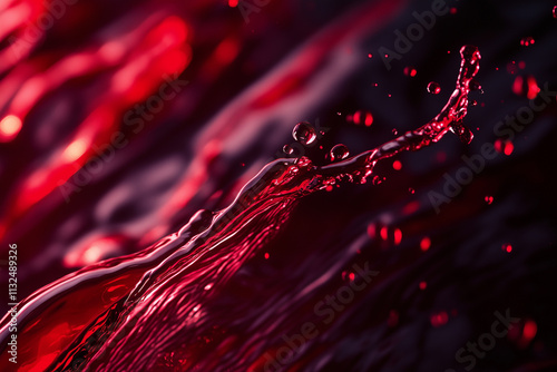 Splashes of liquid on a dark red background. Red wine or juice. Liquid flow, splashes and drops. Burgundy, vinous color. Abstract background.
