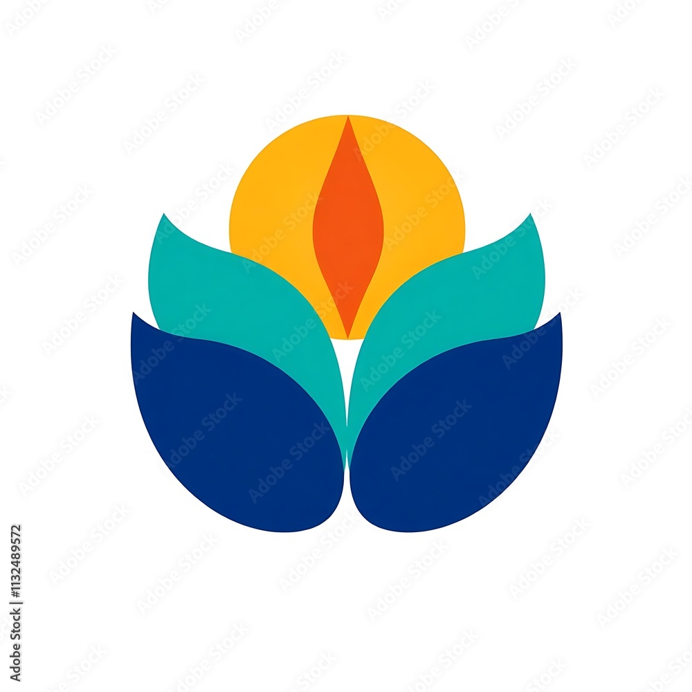 Obraz premium Abstract Sun Flower Logo: A vibrant and stylized sun flower design, featuring a yellow sun and teal and blue petals. This logo symbolizes growth, nature, and prosperity.
