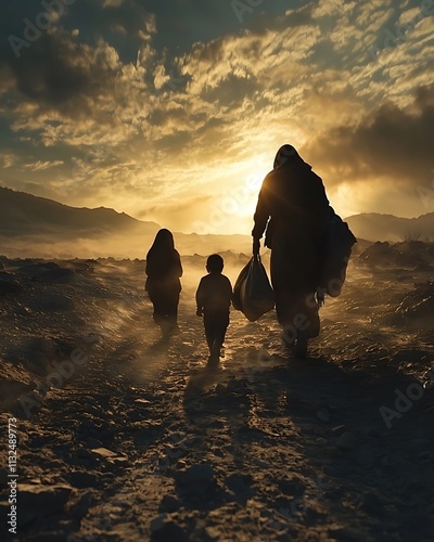 Family Walks Towards Sunset, Hopeful Journey, Seeking Refuge,  New Beginnings, Uncertain Future
