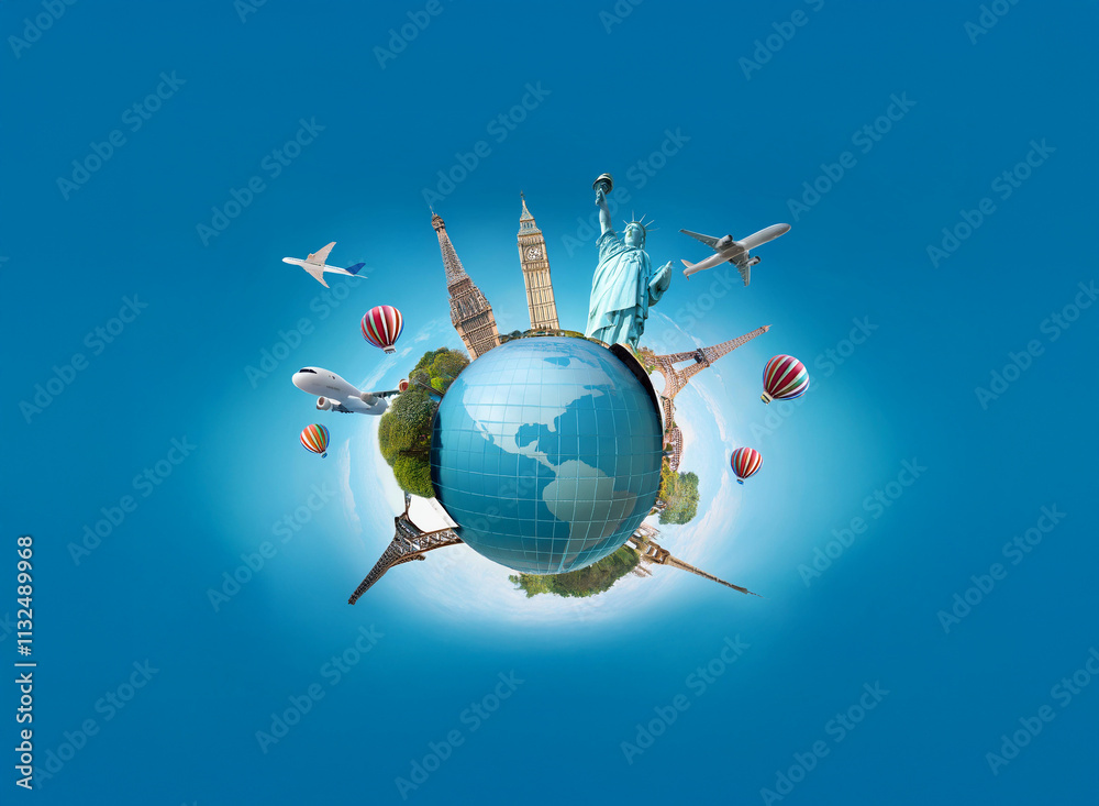 Naklejka premium A miniature globe surrounded by iconic landmarks, airplanes, and hot air balloons against a vibrant blue sky, symbolizing global travel and adventure.