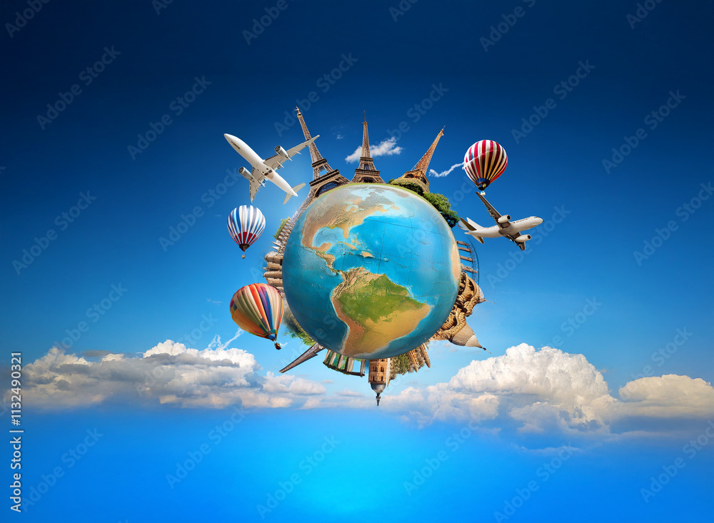Naklejka premium A vibrant globe encircled by airplanes and hot air balloons, symbolizing global travel and adventure against a clear blue sky.