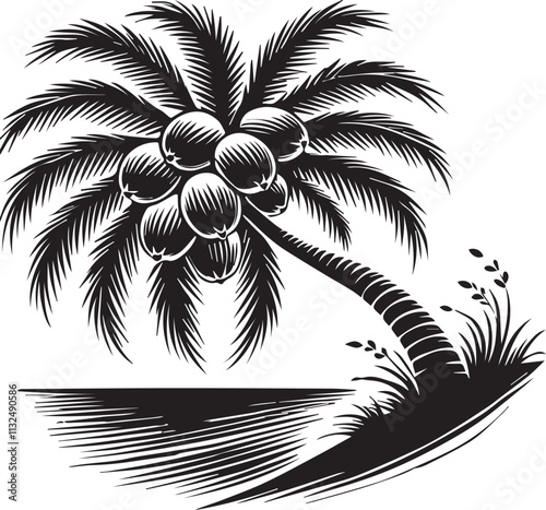 A palm tree with coconuts leaning sharply over the ocean vector silhouette