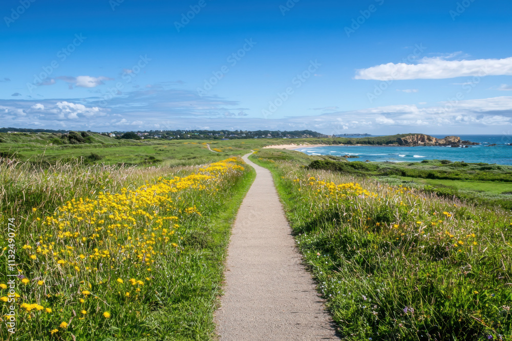 Obraz premium Tranquil coastal pathway a serene beach viewpoint for nature photography and ultimate relaxation