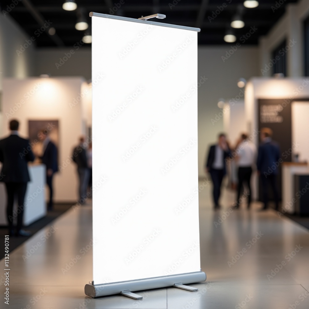 Trade show banner mockup with a sleek retractable design, soft lighting, and a polished surface ready for customization