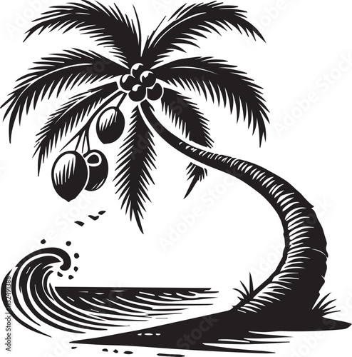 A palm tree with coconuts leaning sharply over the ocean vector silhouette