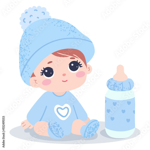 Cute baby boy in knitted hat and socks. Bottle with milk. Child isolated on white background.
