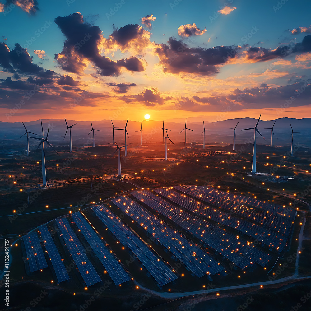 Fototapeta premium Wind Turbines at Sunset Over Solar Panels