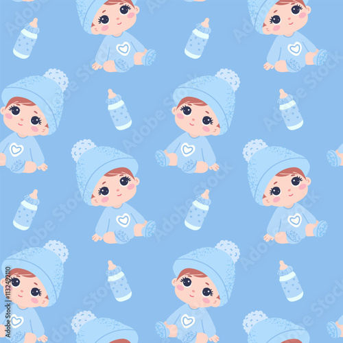 Seamless pattern Cute baby boy in knitted hat and socks. Bottle with milk.