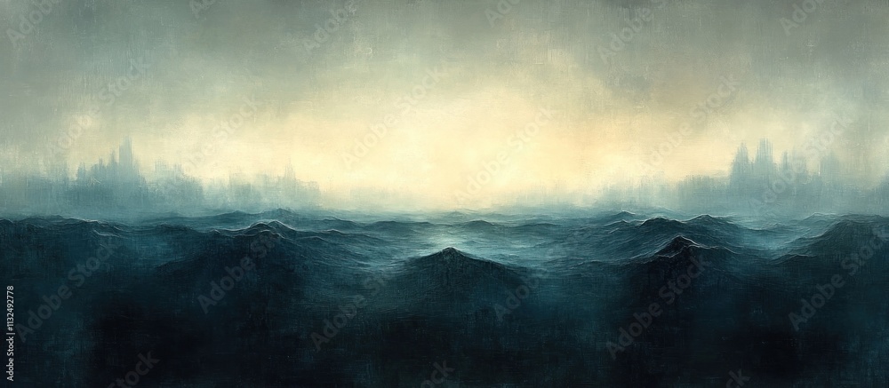 Fototapeta premium Misty, dark landscape with faint light in the distance.