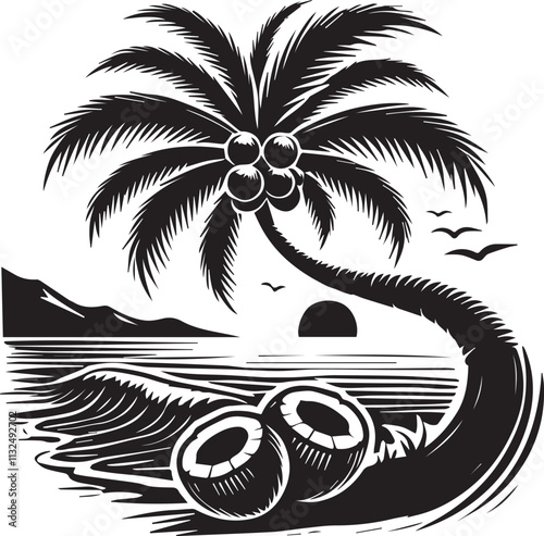 A palm tree with coconuts leaning sharply over the ocean vector silhouette