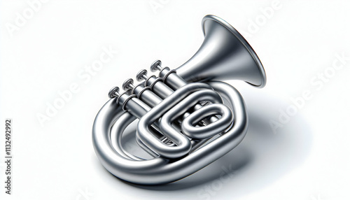 musical instrument A 3D baritone horn with a matte silver finish, resting on a flat surface, isolated on a white backgr2