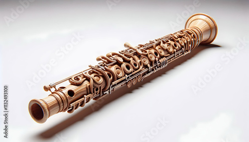 musical instrument A 3D bassoon with intricate wood grain patterns, laid horizontally, isolated on a white background