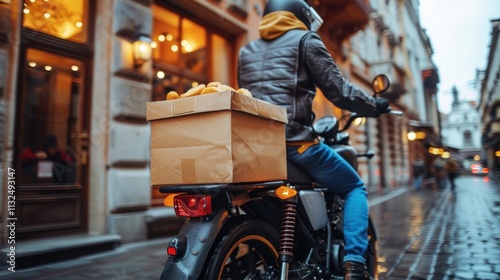 A motorcycle courier delivers a large box on a rainy street in an urban setting.