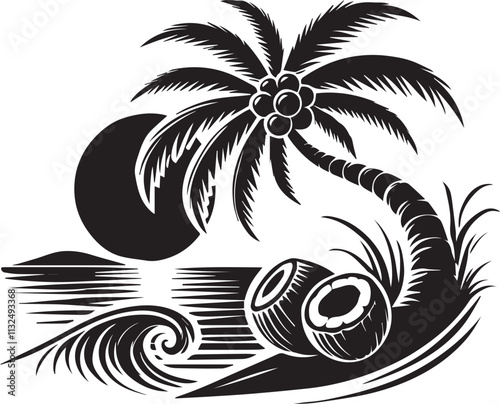 A palm tree with coconuts leaning sharply over the ocean vector silhouette