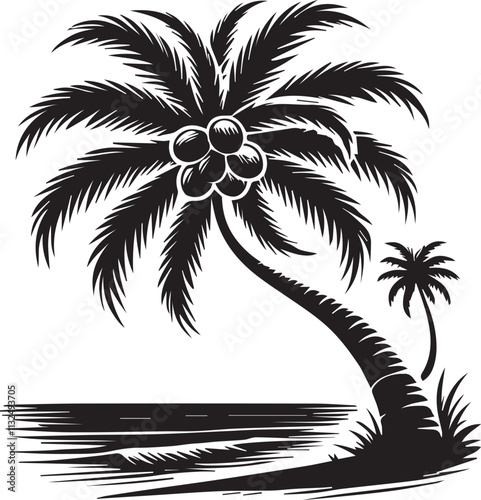 A palm tree with coconuts leaning sharply over the ocean vector silhouette