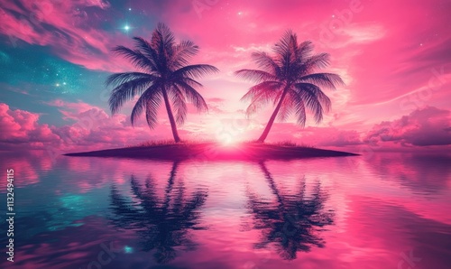 Serene tropical sunset over a small island with two palm trees, reflected in calm waters.  Pink and purple hues dominate the sky and sea.