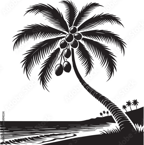 A palm tree with coconuts leaning sharply over the ocean vector silhouette