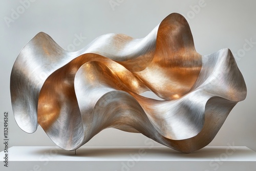 Abstract metallic sculpture with flowing, wave-like forms and brushed metal finish. photo