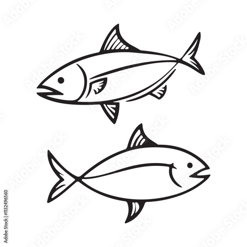 Set of salmon silhouette in line art style.Fish vector by hand drawing Fish Silhouettes Fish group swim curve. Underwater school icon

