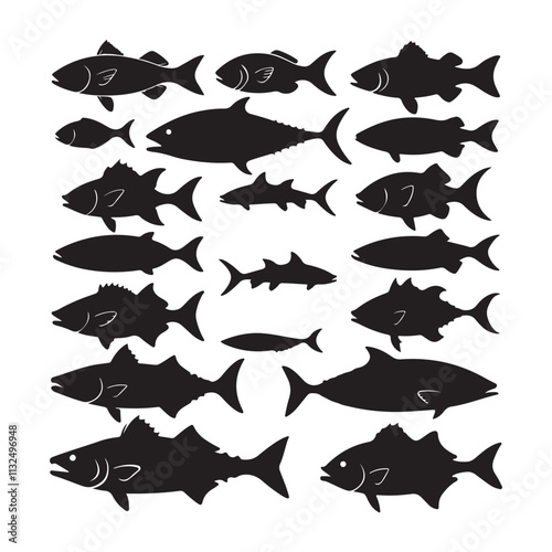 Set of salmon silhouette in line art style.Fish vector by hand drawing Fish Silhouettes Fish group swim curve. Underwater school icon
