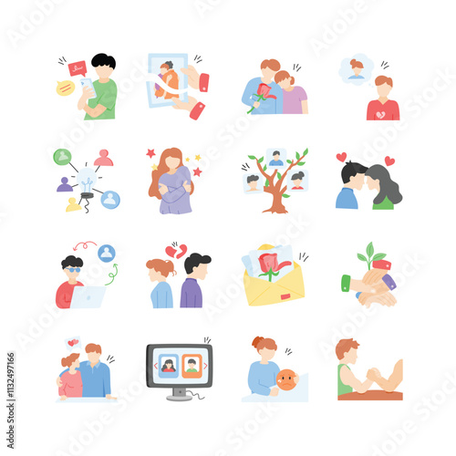 This set of illustrations showcases different relationship dynamics, from connection and affection to conflict and resolution.