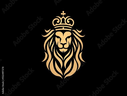 Golden Lion Head with Crown and Flowing Mane. Majestic and Bold Design on Black Background. Symbol of Royalty and Strength. AI generated photo