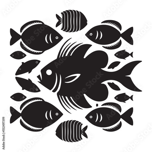 Set of salmon silhouette in line art style.Fish vector by hand drawing Fish Silhouettes Fish group swim curve. Underwater school icon
