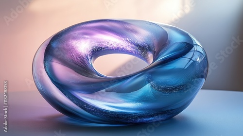 Abstract glass sculpture with swirling blue and purple hues, illuminated by soft light.