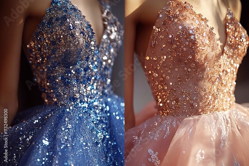 Fabric design with sequins and rhinestones, taken from the difile. Bright dress models