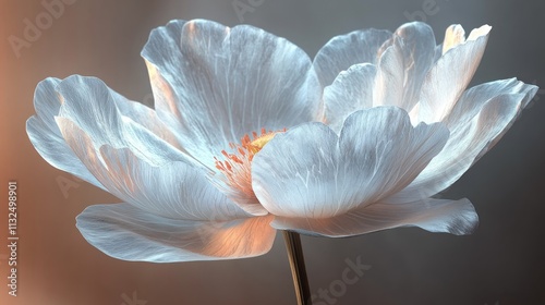 Close-up of a luminous white flower with soft, glowing petals and subtle orange center against a blurred background.