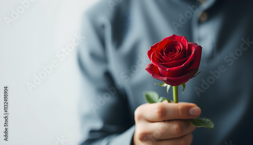 Primer plano de una mano de hombre sosteniendo una rosa. Concepto amor y día de San Valentín